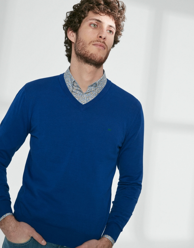 Deep blue cotton, V-neck sweater