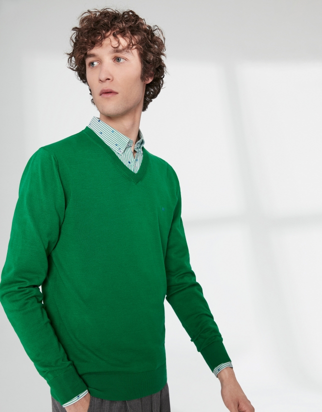 Green cotton, V-neck sweater