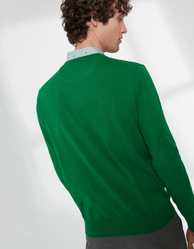 Green cotton, V-neck sweater