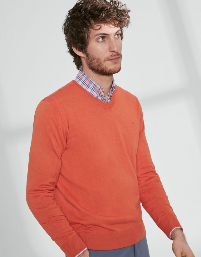 Orange cotton, V-neck sweater