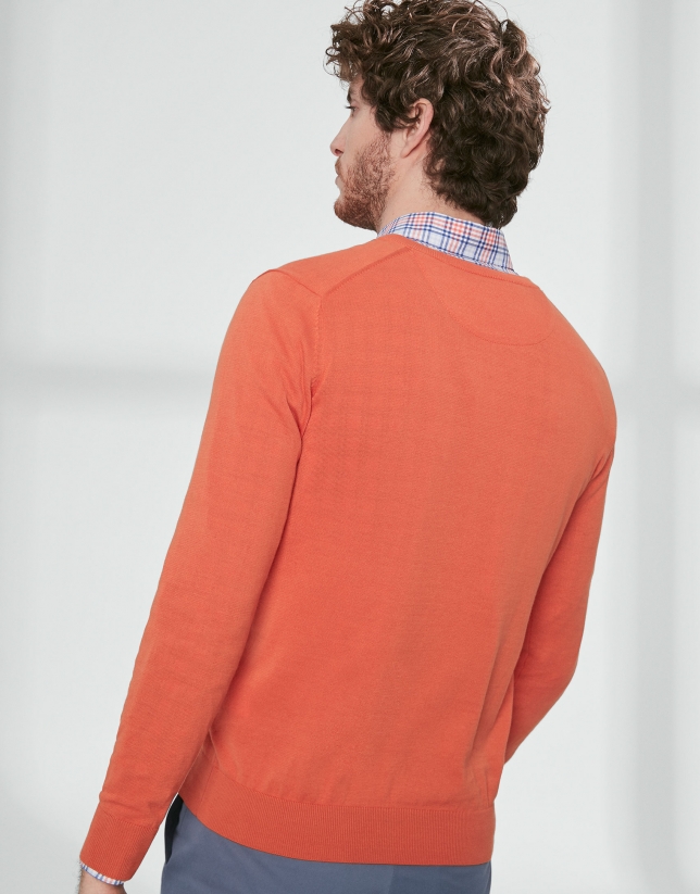 Orange cotton, V-neck sweater