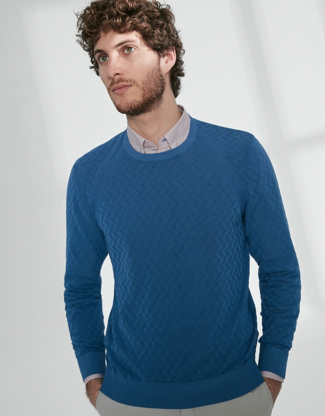 Blue cotton herringbone structured sweater