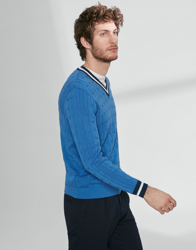 Blue V neck, cable stitch sweater