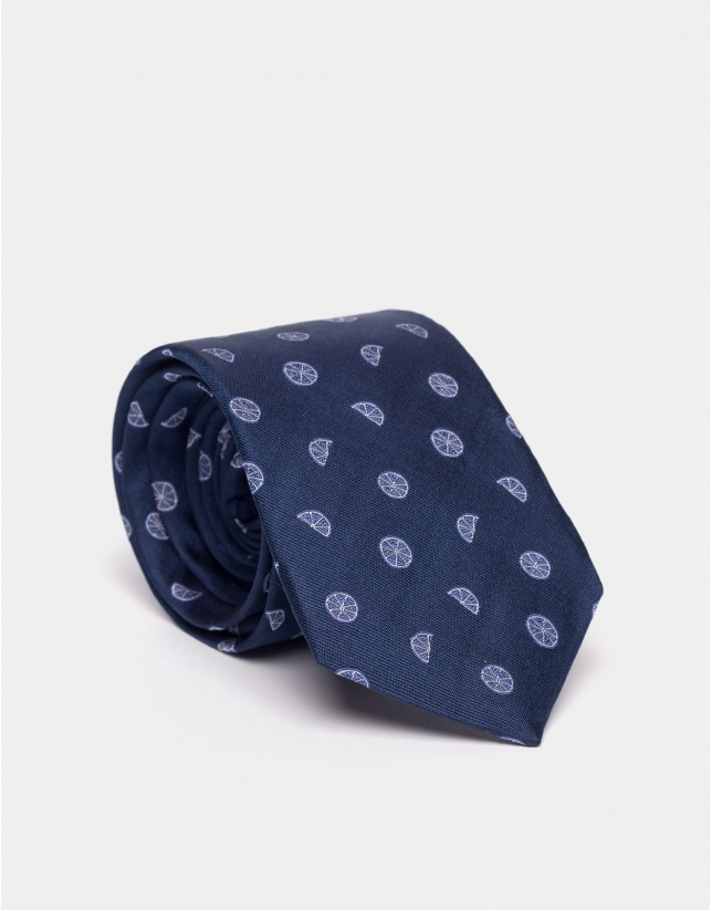 Corbata seda con motivos cítricos tonos azules