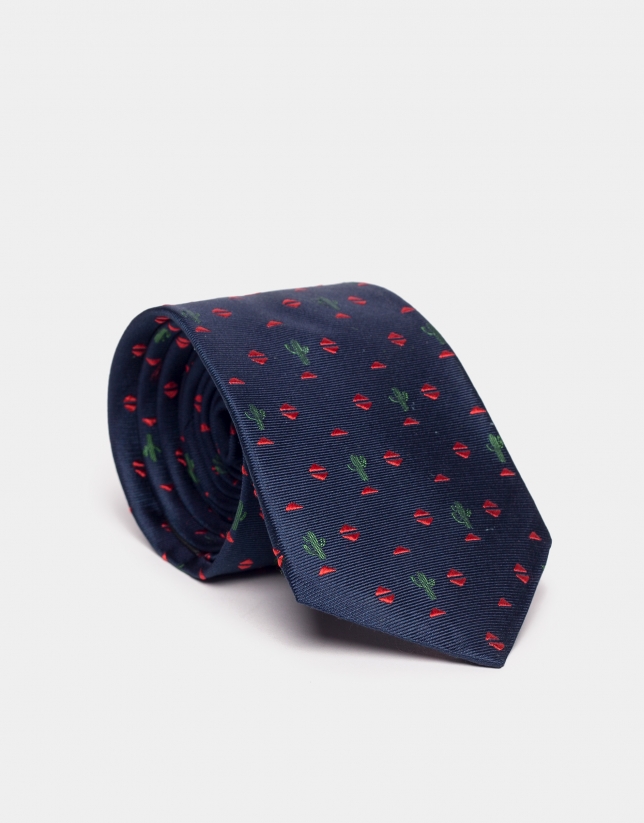 Blue silk tie with red and green cactus jacquard