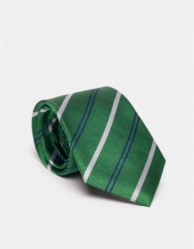 Corbata seda verde perfiles azulón/crudo