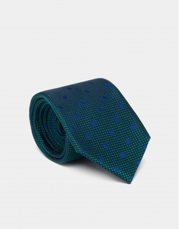Green and blue silk tie with polka dots