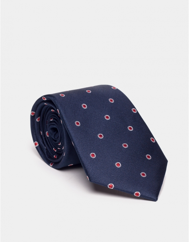 Navy blue silk tie with red dotted jacquard 