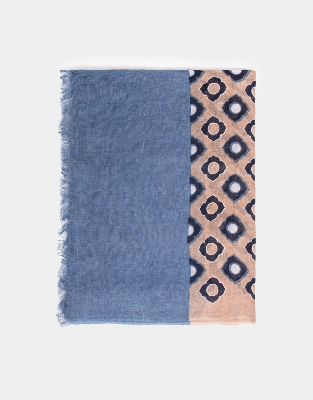 Camel geometric print scarf with blue flowers