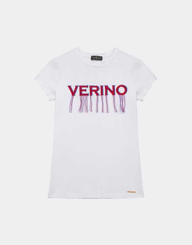 White top with Verino logo and fringe