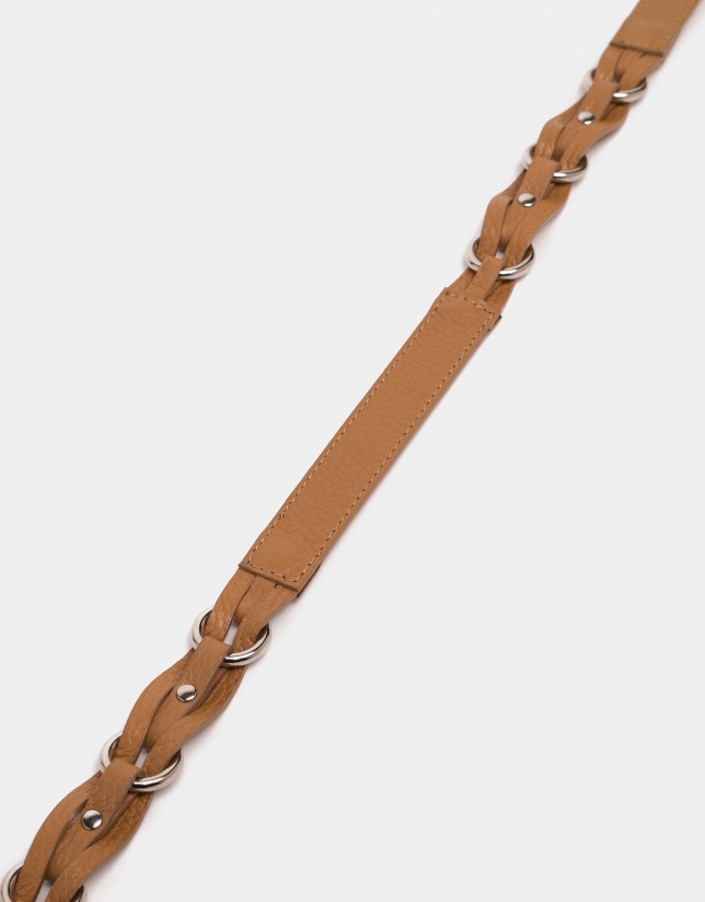 Camel braided leather belt