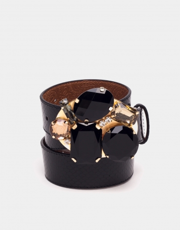 Black leather belt with jewel buckle