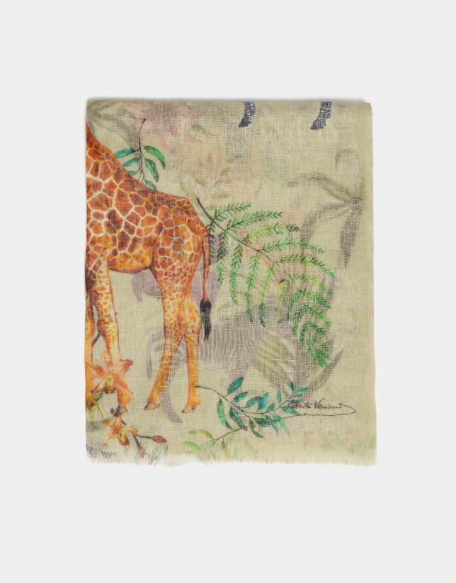 Lime linen scarf with animal print