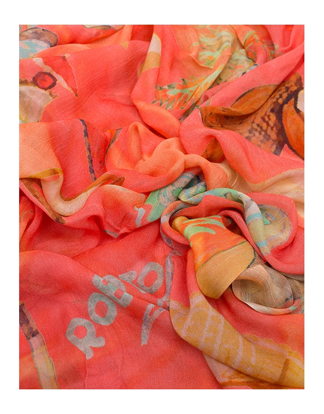 Coral linen scarf with beach print