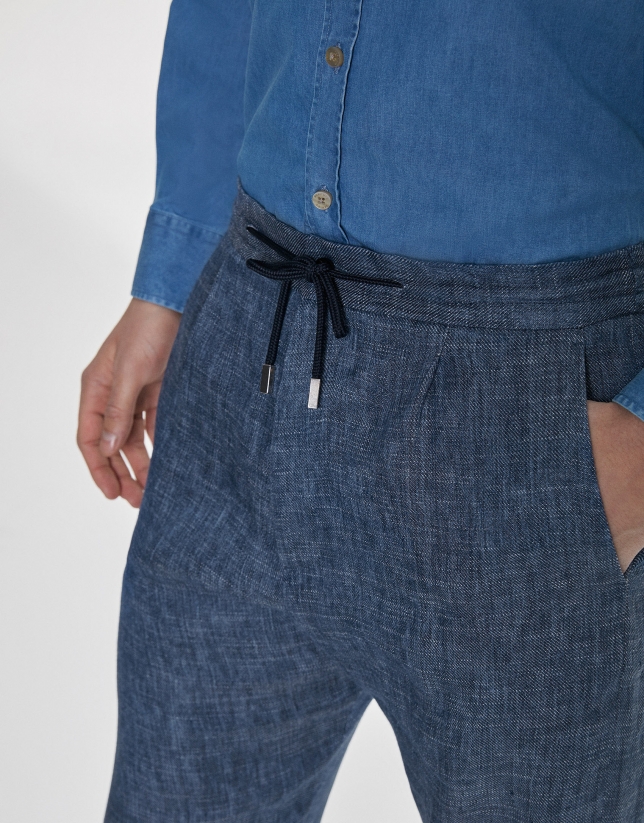 Pantalon cordones lino/algodón índigo
