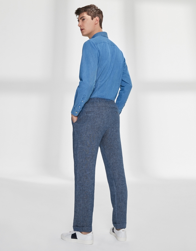 Indigo linen/cotton pants with drawstrings