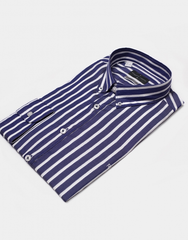 Blue/white wide striped sport shirt