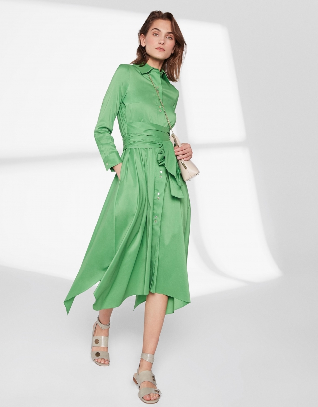 Green shirtwaist dress with scarf skirt
