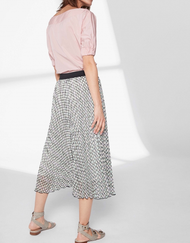 Pastel checked, long pleated skirt