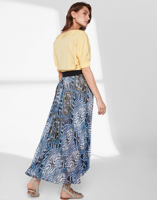 Blue print, long pleated skirt