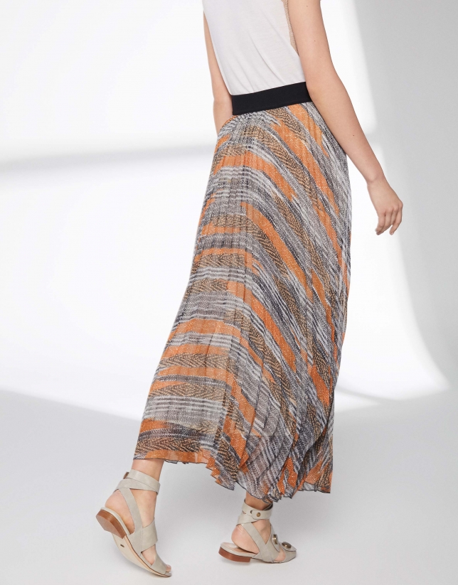 Brown print, long pleated skirt
