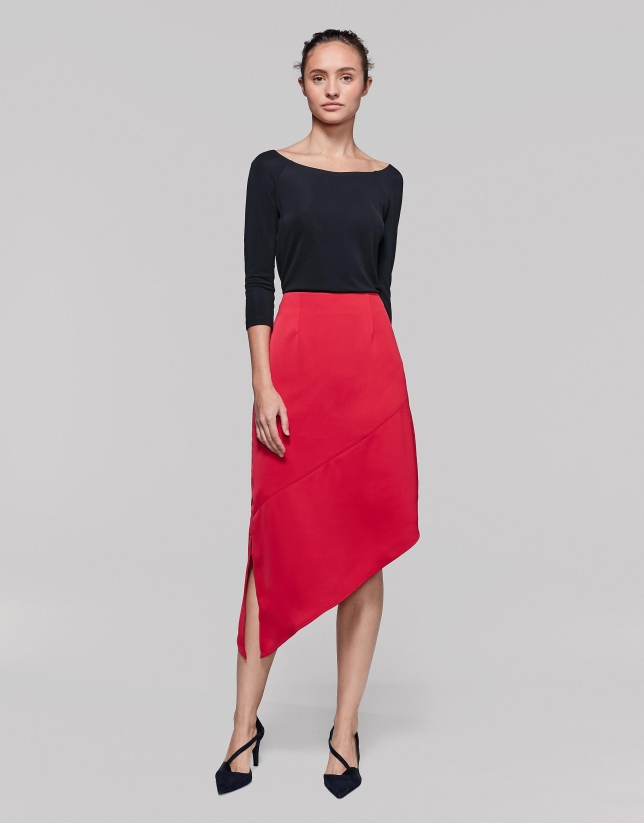 Red asymmetric flowing skirt