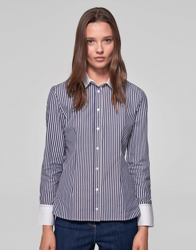 Camisa algodón rayas azul y blanco contrastado