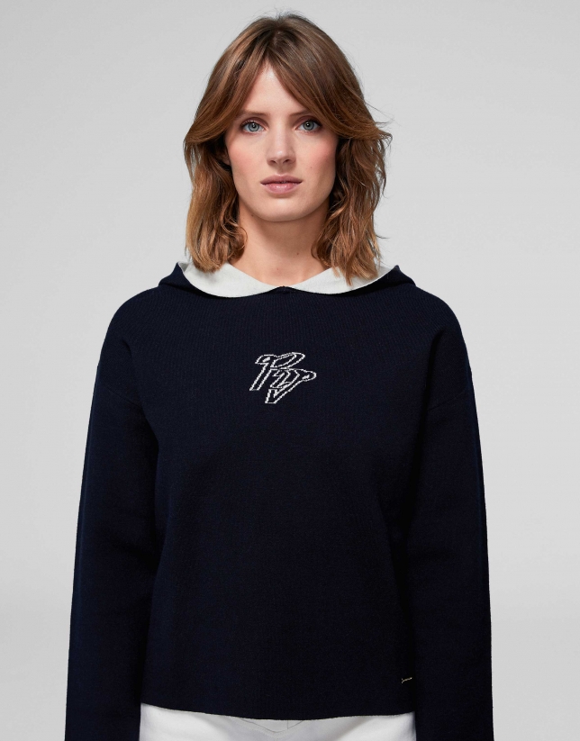 Navy blue two-faced knit sweatshirt