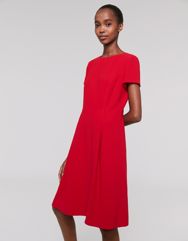 Midi red poppy dress with front pleat