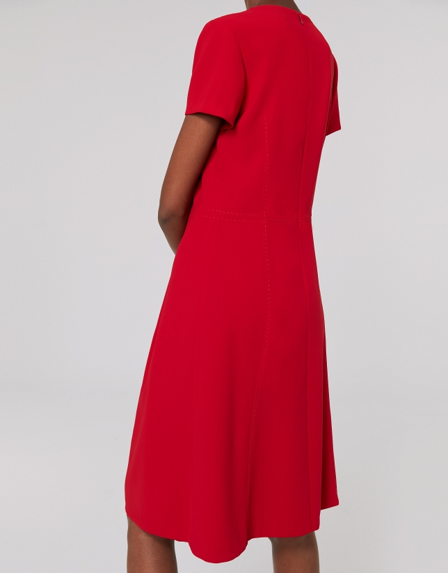 Midi red poppy dress with front pleat