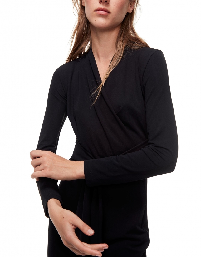 Black assymetric midi dress with V neck