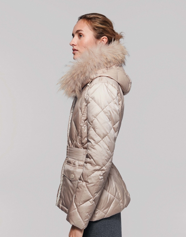 Quilted parka with mink diamond design