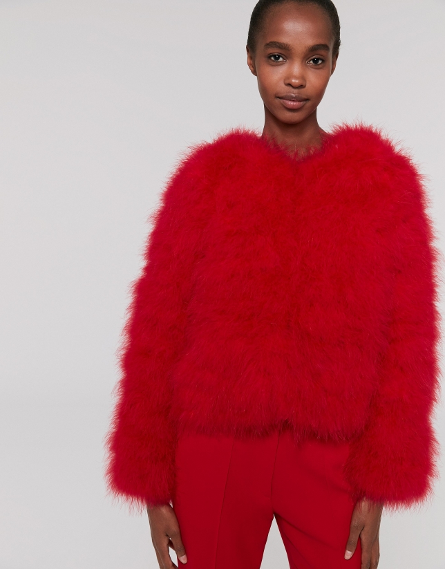 Oversize red poppy jacket with turkey feathers