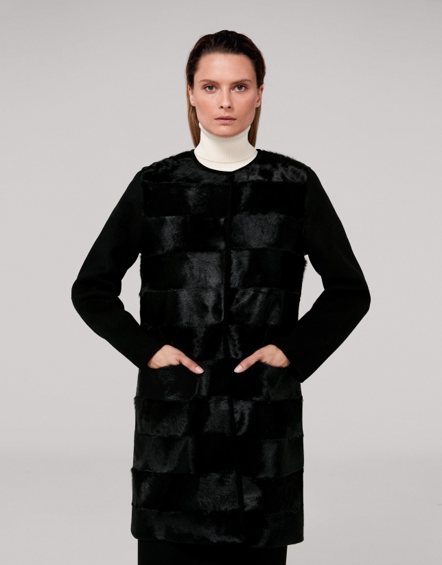Black wool coat with goatskin front