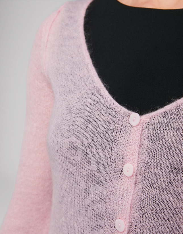 Pink wool/mohair cardigan with V-neck
