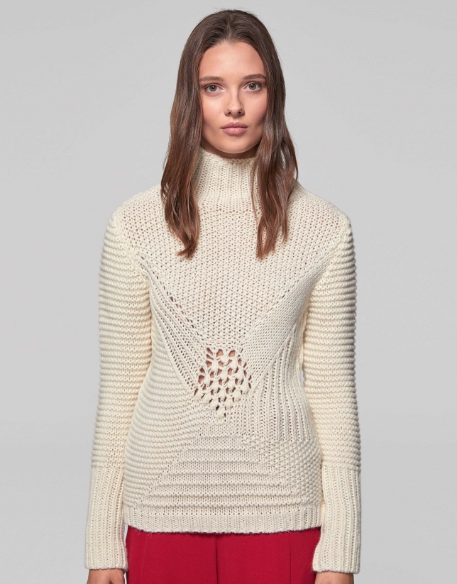 Beige knit sweater with openwork and knotted design