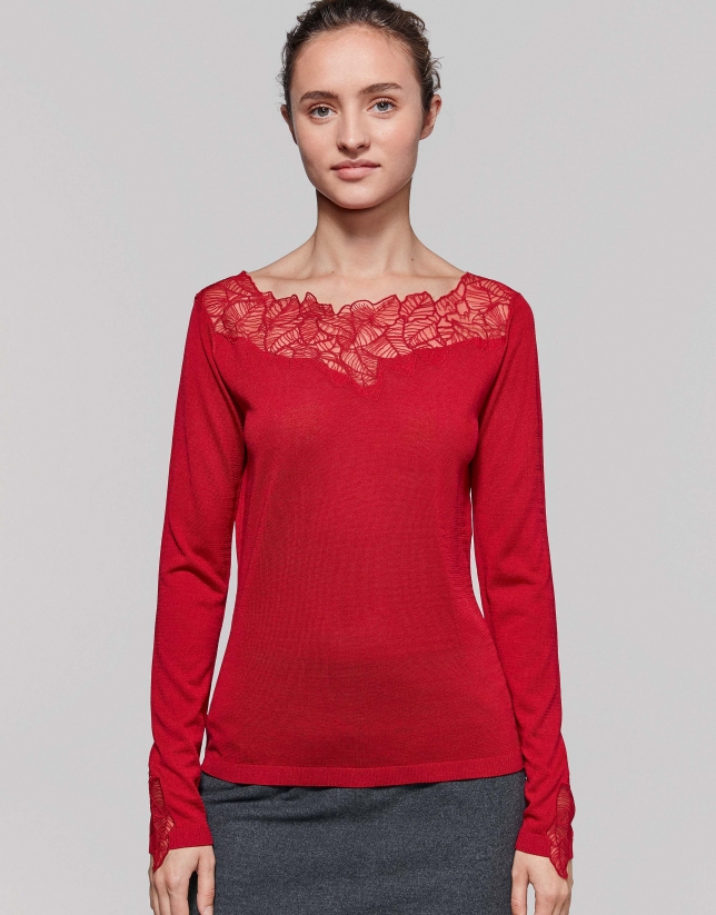 Red dressy sweater with lace