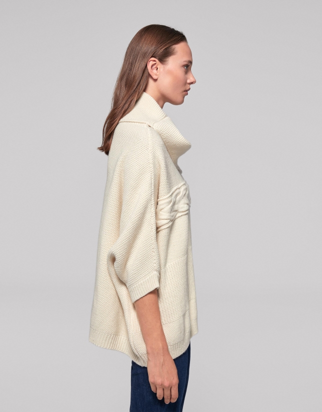 Ivory seed-stitched knit poncho