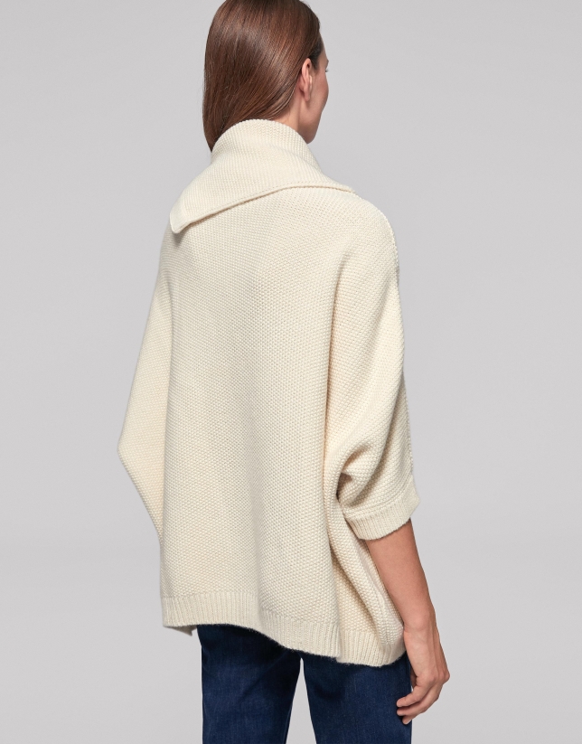 Ivory seed-stitched knit poncho