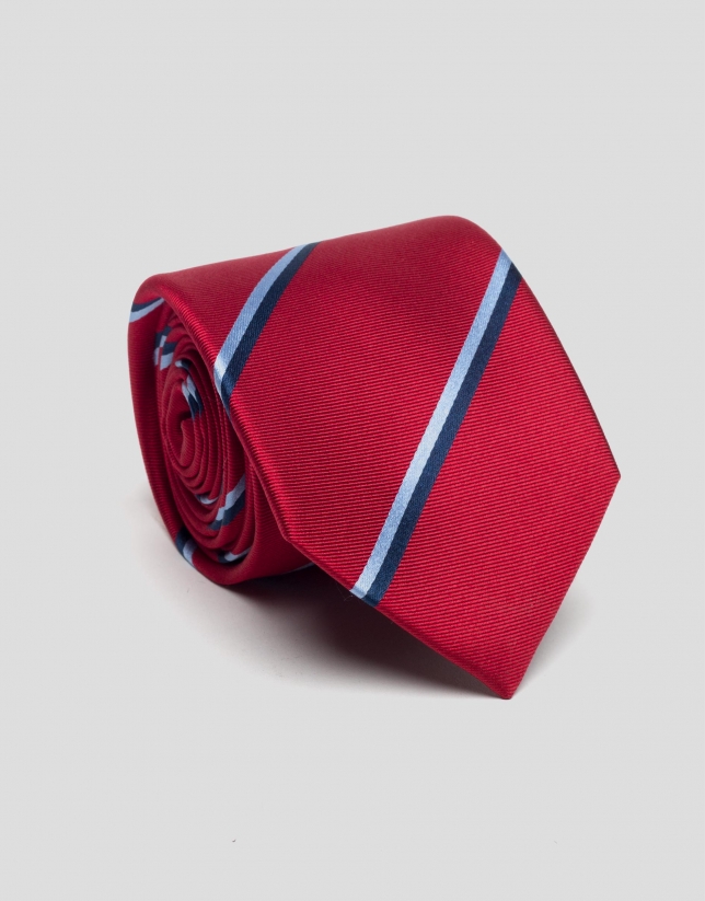 Corbata seda roja con rayas tonos azules