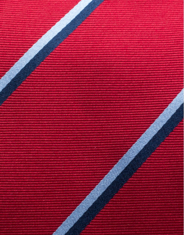 Red silk tie with blue stripes