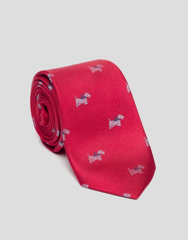 Corbata seda roja con terrier blanco