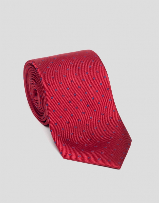 Red silk tie with blue jacquard