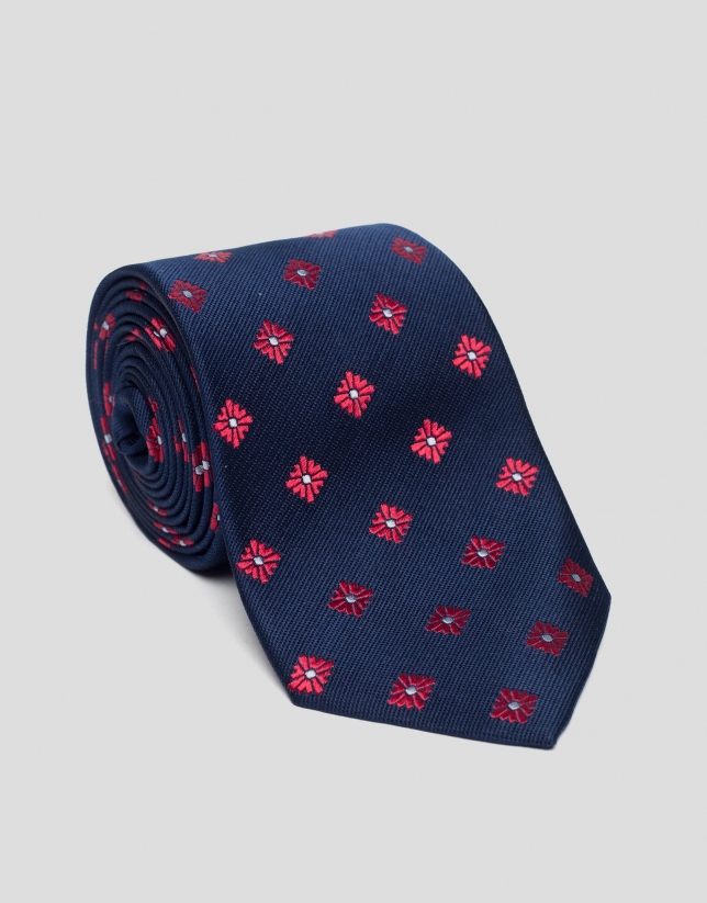 Navy blue silk tie with red jacquard flowers