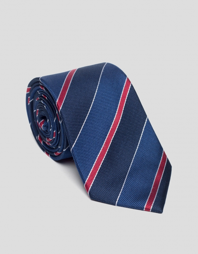Corbata seda rayas marino, azulón y rojo