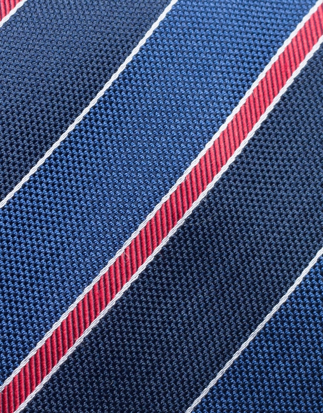 Navy blue, deep blue and red striped silk tie