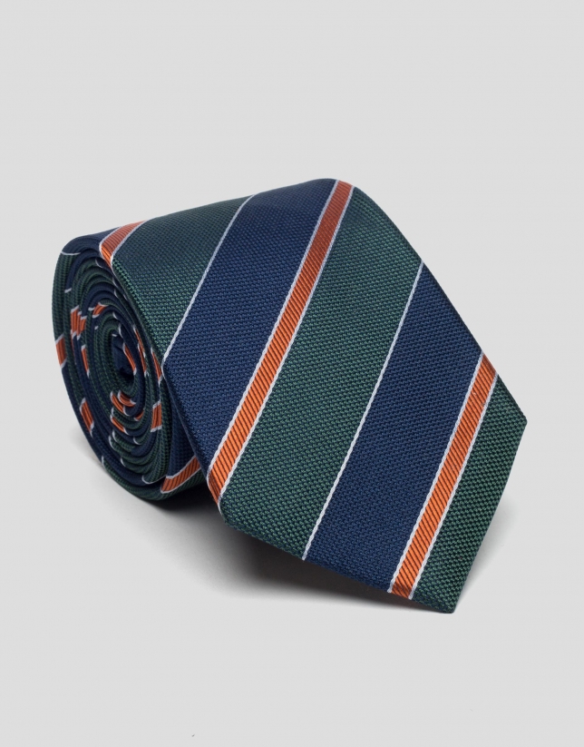 Green, navy blue and orange striped tie 