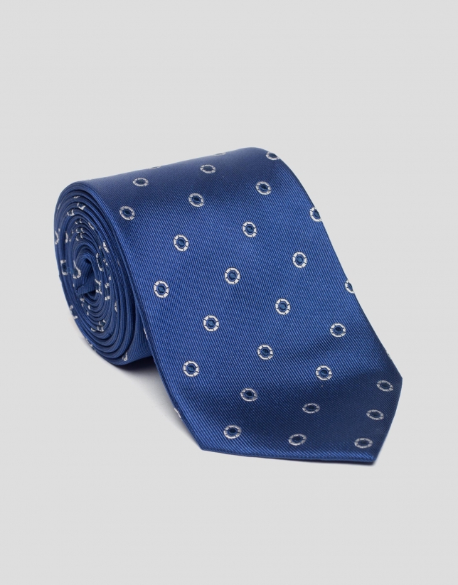 Corbata seda azulón jacquard círculos plata