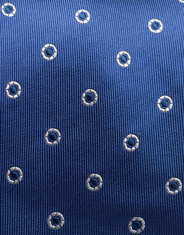 Blue silk tie with silver jacquard circles