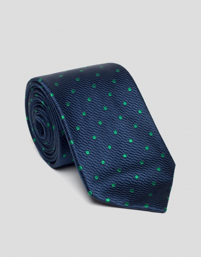 Dark blue silk tie with green polka dots